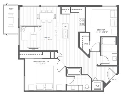 Floor plan for 2 beds, 2 baths, 1046 sqft